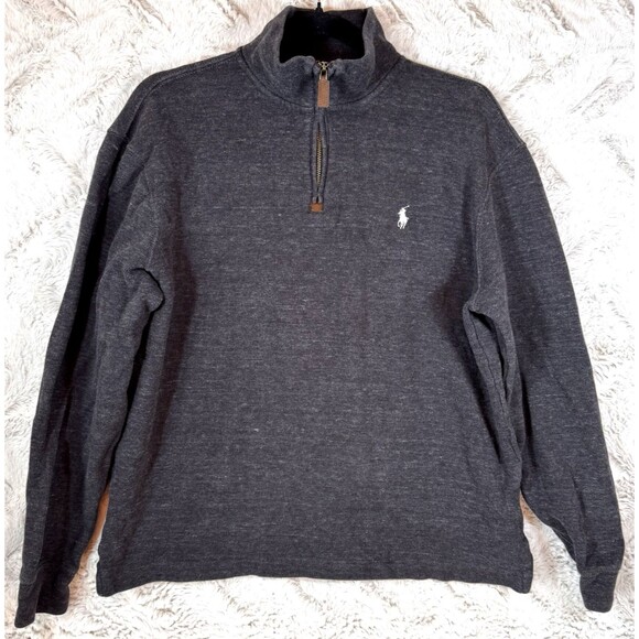 Polo Ralph Lauren Sweater Men's Med Quarter Zip Charcoal Gray 100% Cotton Preppy - Picture 1 of 8